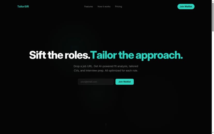 Screenshot of TailorSift - AI-powered job hunt platform that sifts roles and tailors CVs, cover letters, and interview prep to 